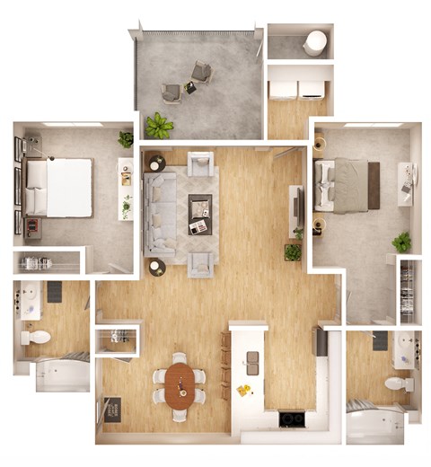 a floor plan of a two bedroom apartment with two bathrooms and a balcony